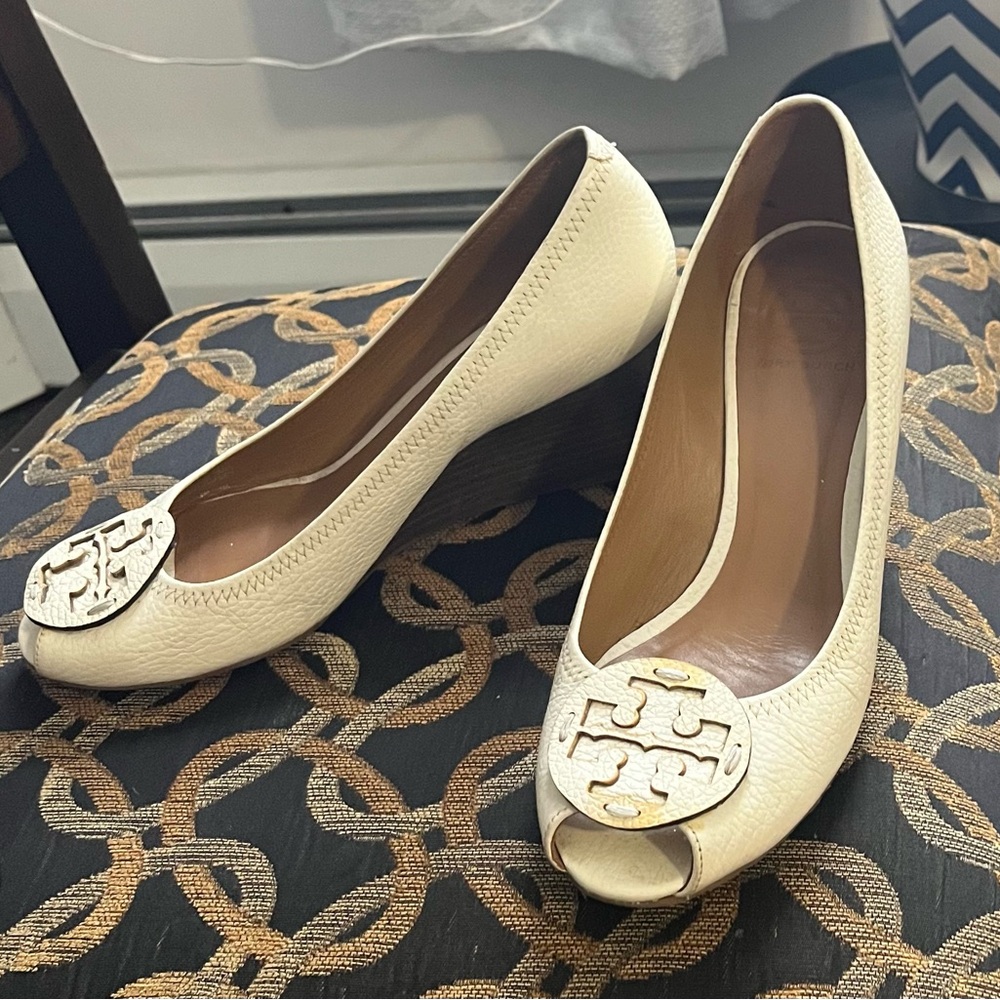 Tory Burch Cream Peep Toe Wedges with Gold Accent